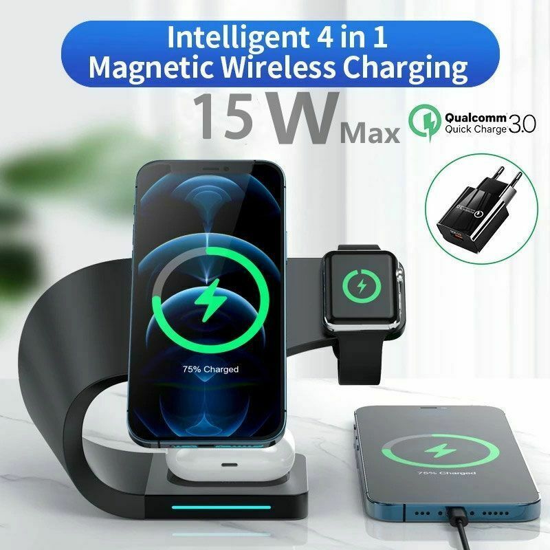15W Magnetic Wireless Charger Stand 4 in 1 Qi Fast Charging Dock Station