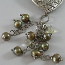 .925 SILVER RHODIUM NECKLACE 17,72 In, GREEN PEARLS, HAMMERED CENTRAL HEART. image 6
