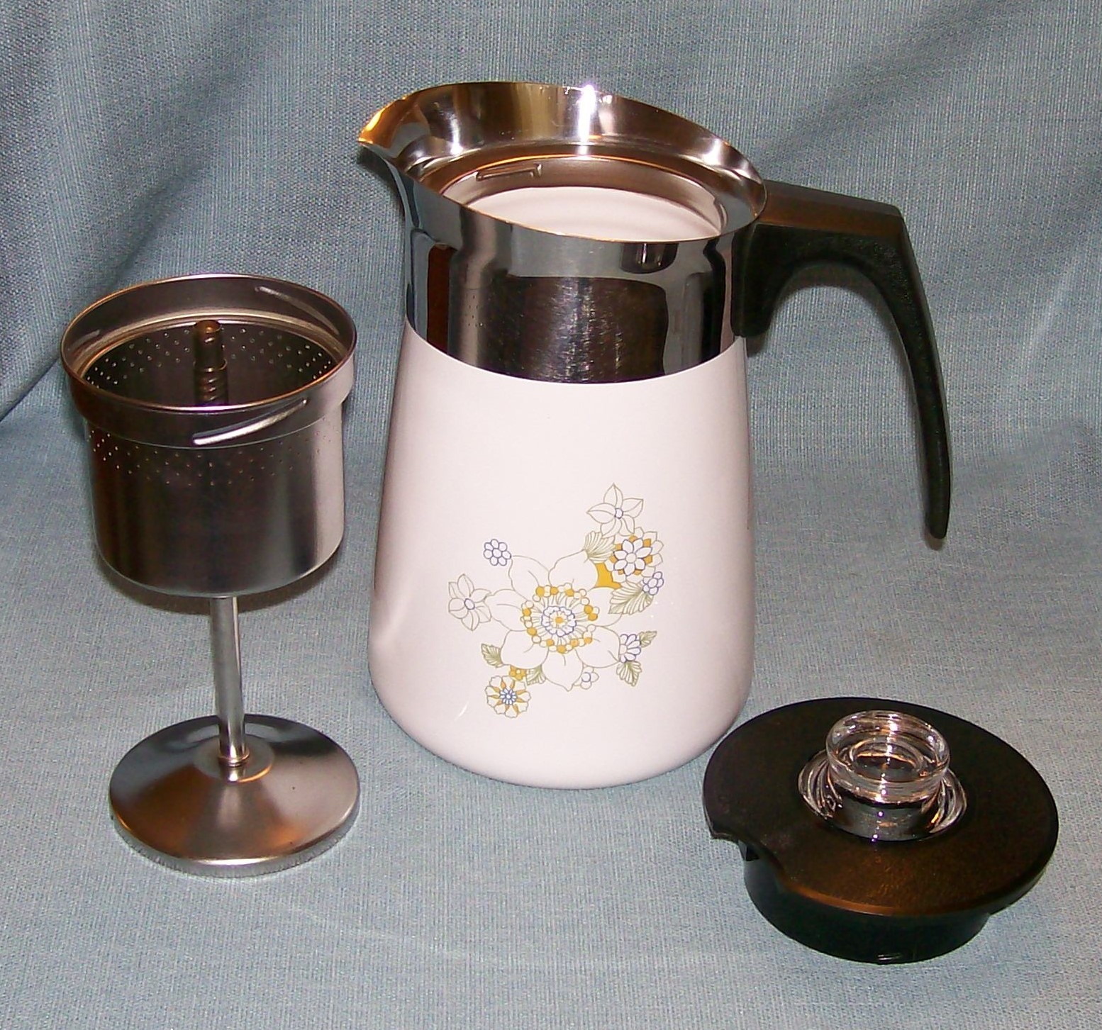Vintage Corning FLORAL BOUQUET Stove Top 6 Cup Coffee Pot /Percolator