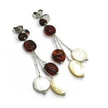 18K WHITE GOLD PENDANT EARRINGS, 3 WIRES, PEARL DISC, OVAL MOTHER OF PEARL AMBER image 1