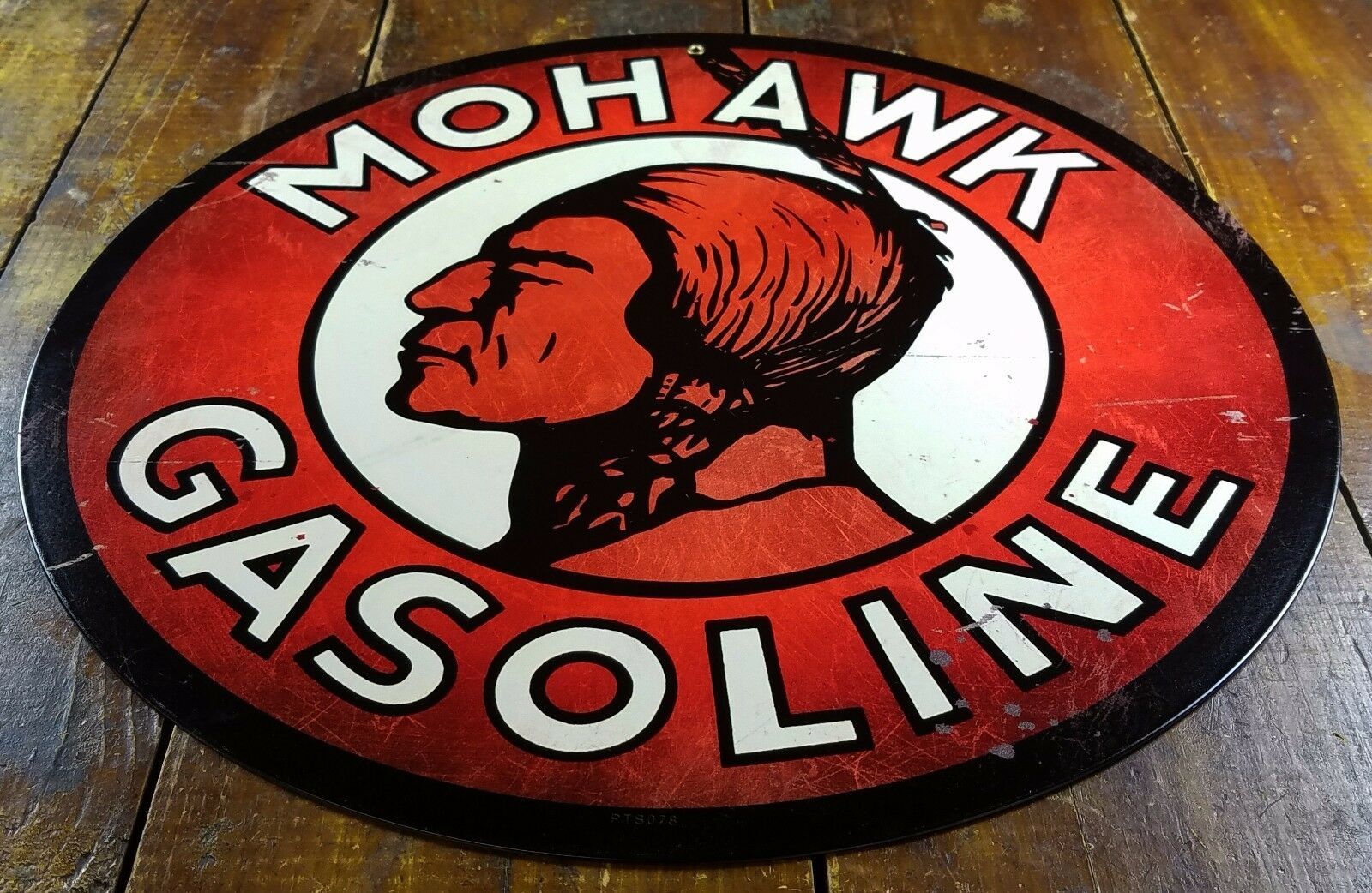 MOHAWK GASOLINE INDIAN HEAD RED & WHITE 14" ROUND GAS STATION