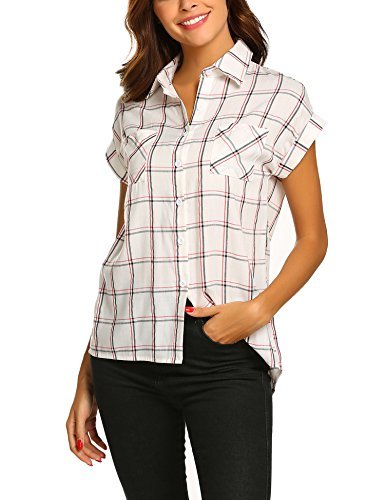SE MIU Women Summer Short Sleeve Plaid Button Down Shirts - Casual Shirts