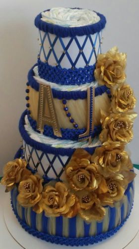 Royal Blue And Gold Little Prince  Themed Baby Shower 4 Tier Diaper Cake Gift