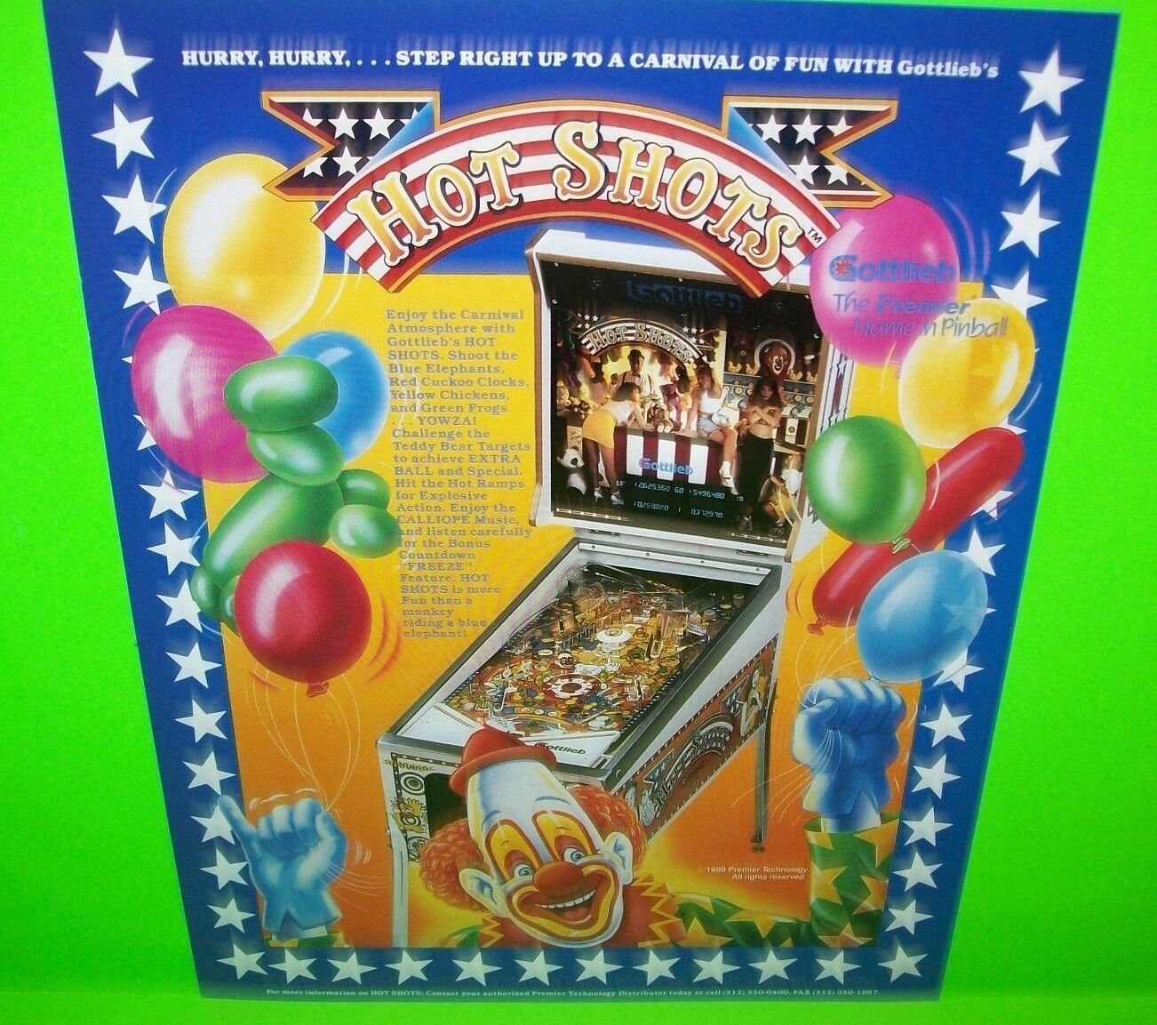 HOT SHOTS Pinball FLYER Original NOS Gottlieb Premier 1989 Carnival ...