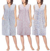 Women's Sleeveless Pearl Snap Button Floral Duster Nightgown Lounger Robe G168