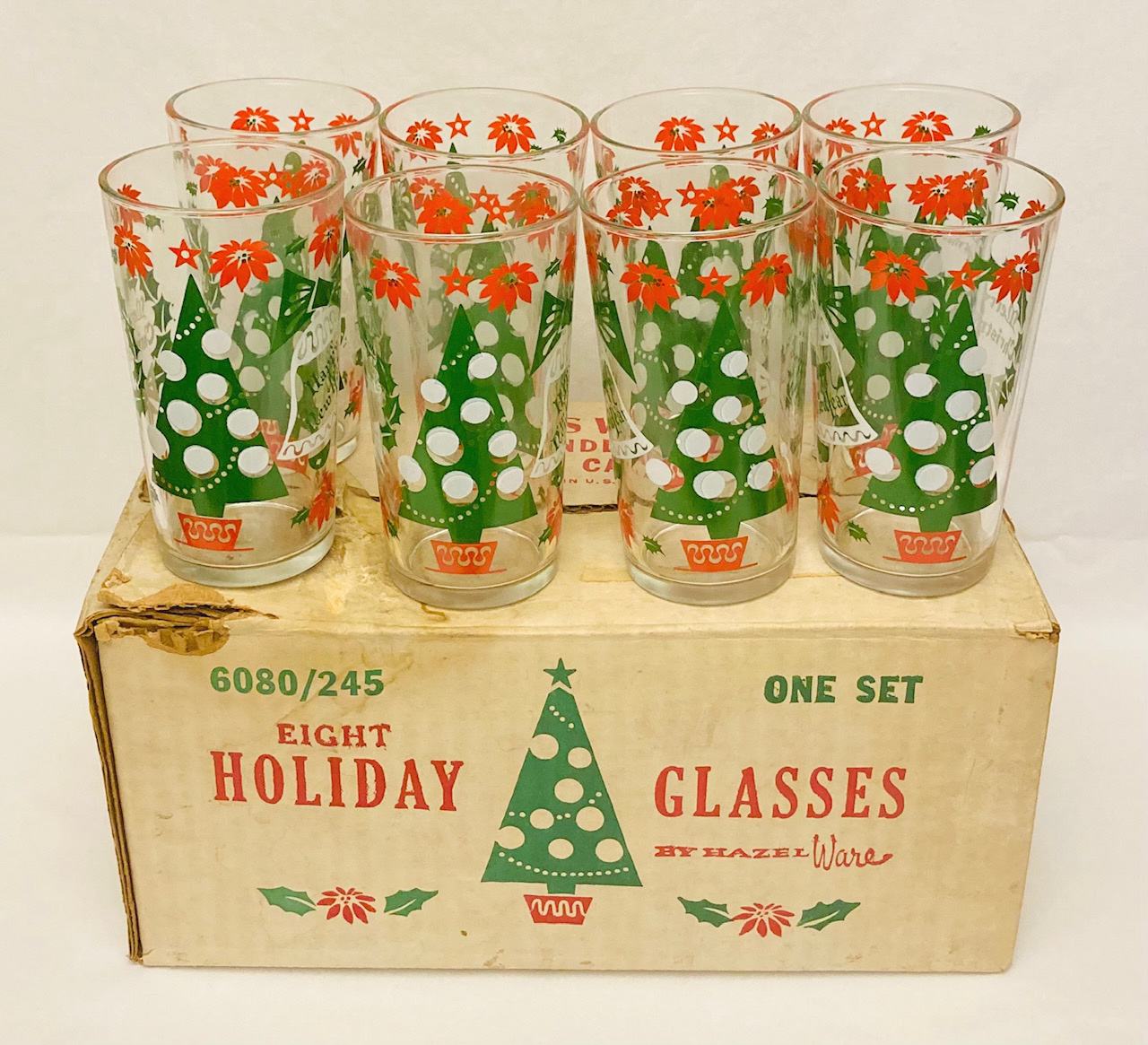 Vintage Hazel Atlas Merry Christmas Happy New Year holiday glasses set