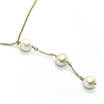 18K YELLOW GOLD LARIAT NECKLACE ROLO CHAIN FW ROUND WHITE PINK PEARL PENDANT image 2