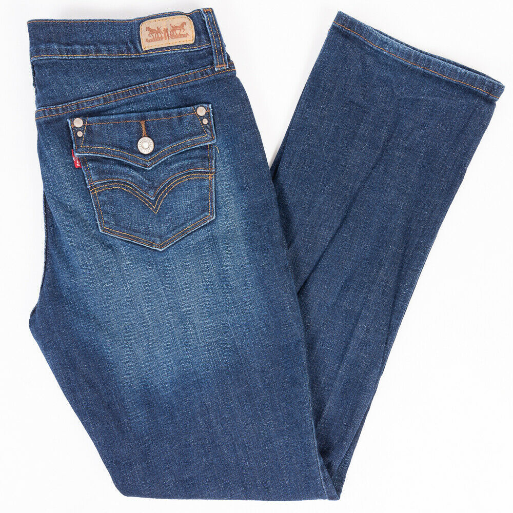 Levis 505 Straight Leg Mid Rise Womens Jeans Faux Flap Pockets Dark ...