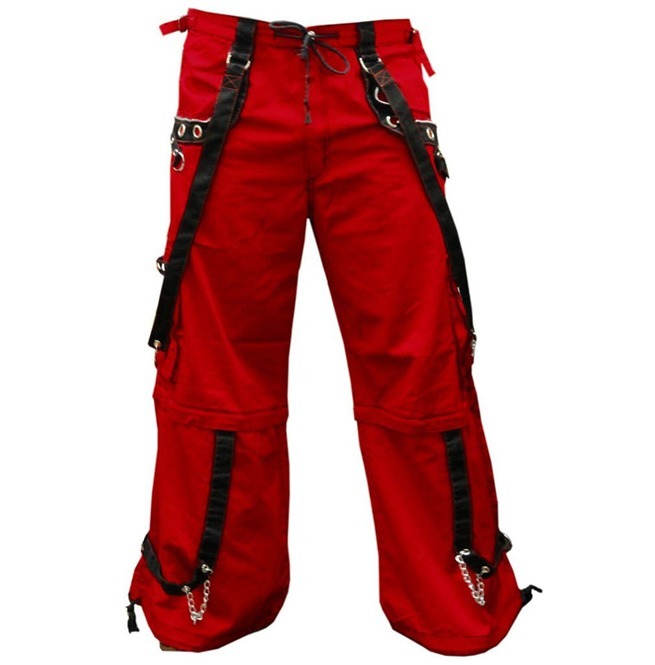 Men Gothic Red Trouser Red Threads Black Straps Punk Rock Metal Chain Cyber