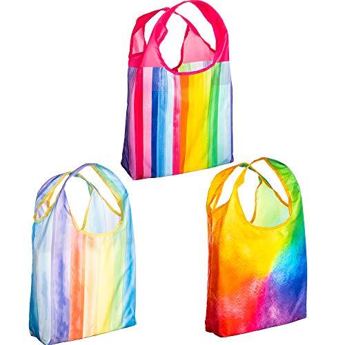O-WITZ Reusable Shopping Bags, Ripstop, Folds Into Pouch, 3 Pack, Rainbow,
