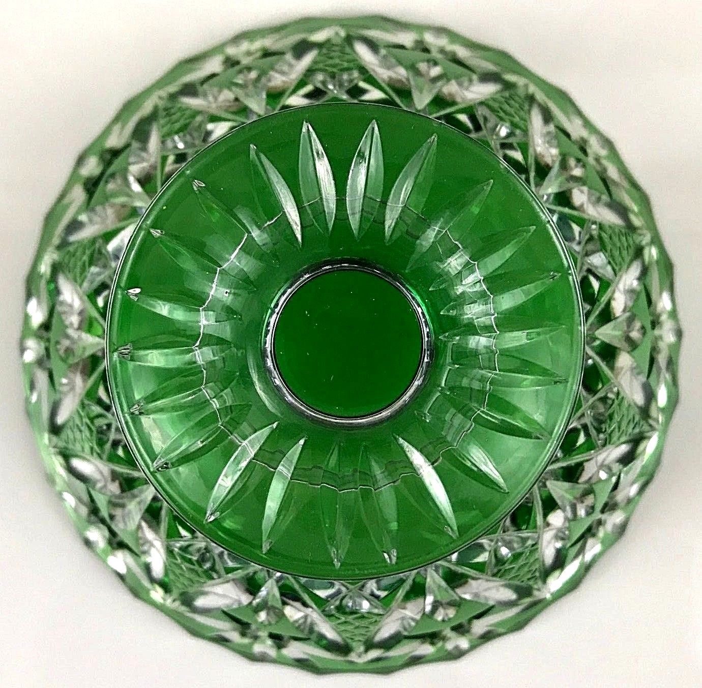 Antique Vintage Emerald Green Crystal Cut to Clear Pedestal Bowl