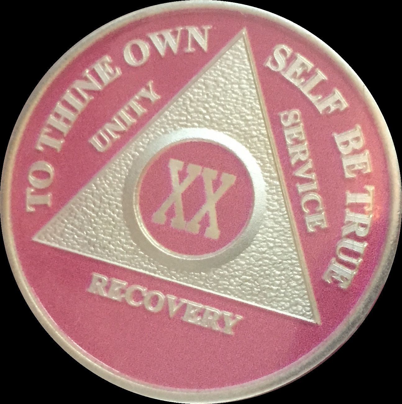 Pink & Silver Plated 20 Year AA Chip Alcoholics Anonymous Medallion Coin XX