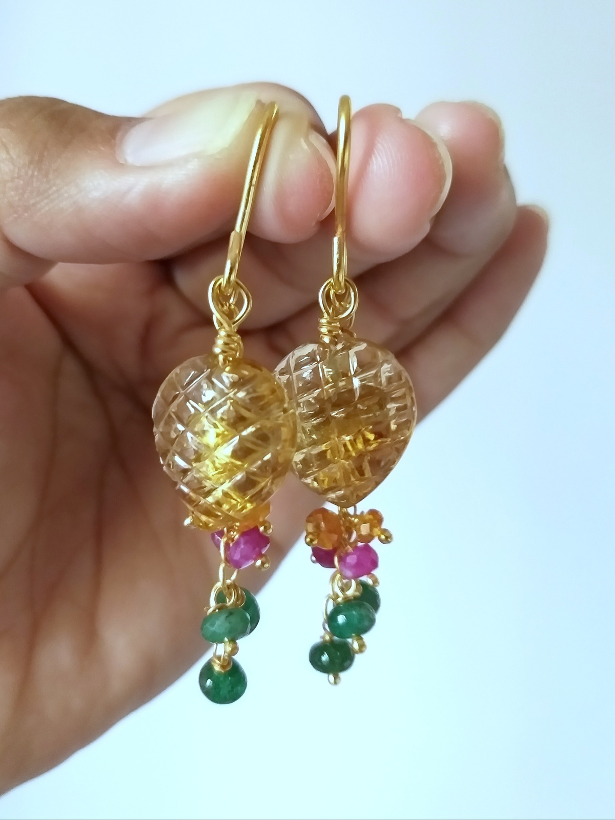 Primary image for Natural Hand Carving Citrine Gemstone and Beads Detachable Statement Earrings