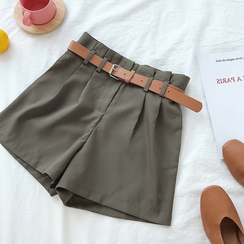 New olive green sexy women high waist pleated shorts with belt spring summer