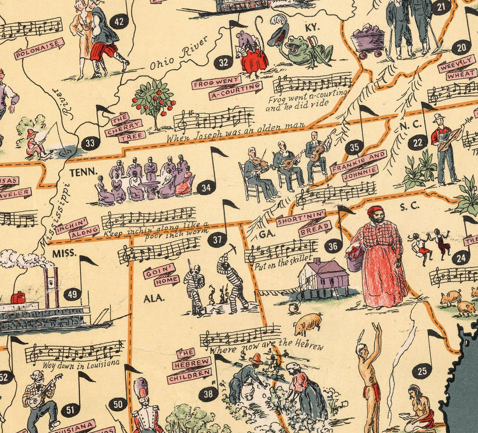 Early Folklore Music Map of the United States Wall Art Poster History