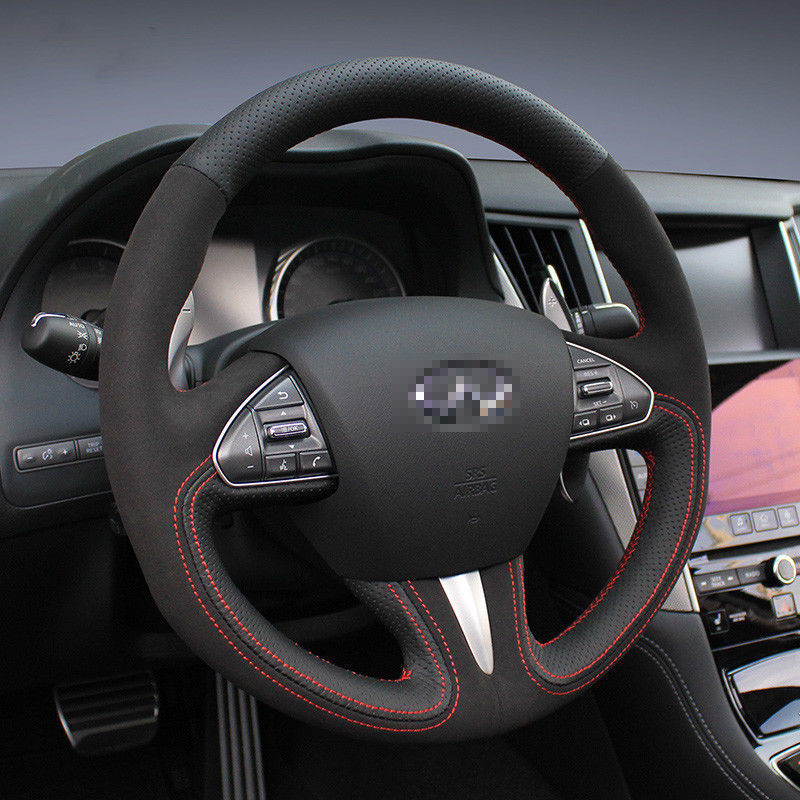 For Infiniti Q50 Steering Wheel Stitch on Wrap Cover Black Leather Red