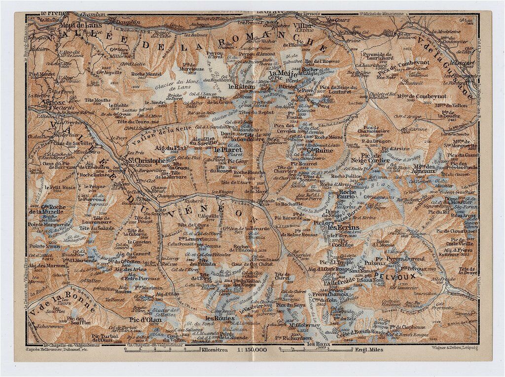 1914 ANTIQUE MAP OF VALLEE DE LA ROMANCHE / VALLEE DU VENEON / PELVOUX ...