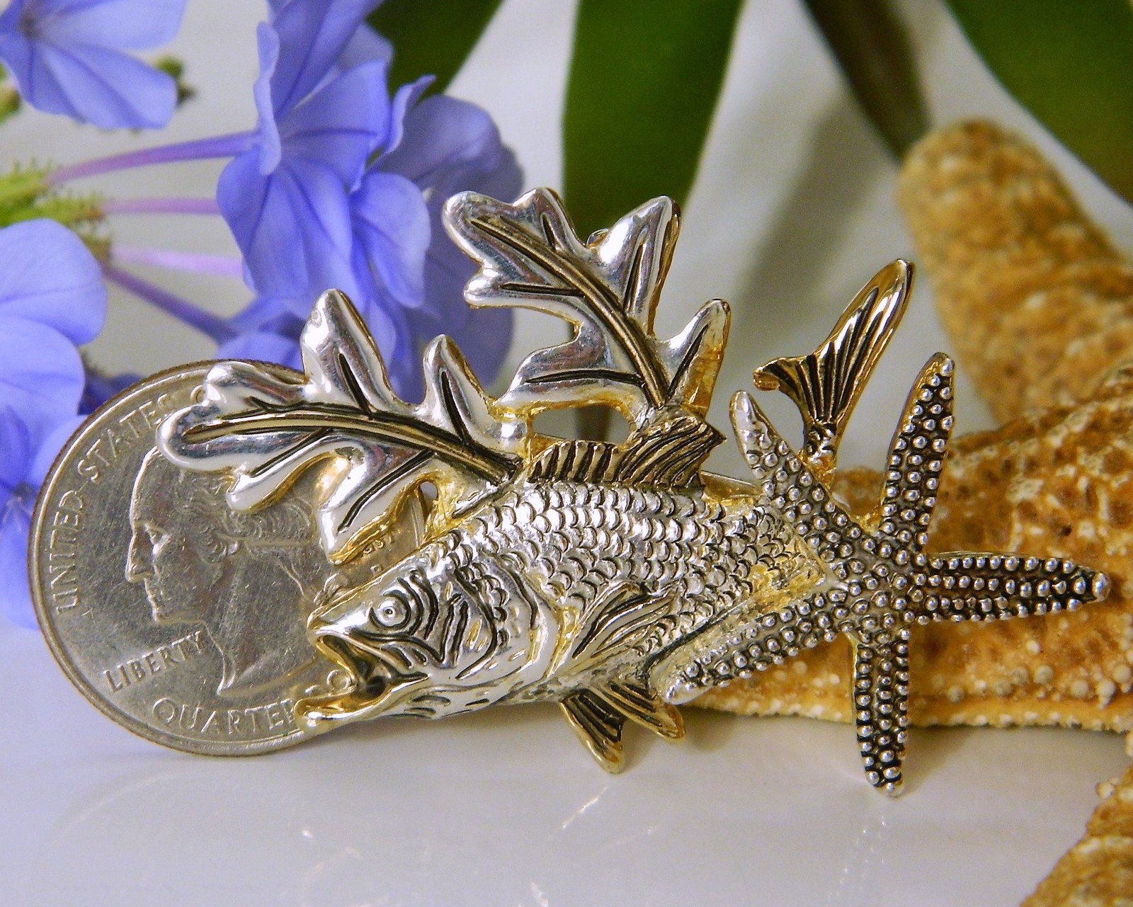 Grouper Bass Fish Pendant Brooch Pin Tropical Starfish Signed MJ Pins