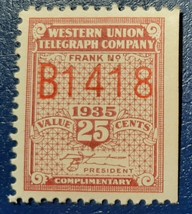 1935 Western Union Complimentary Frank. 25 cents. MNH. Stock photo.  s273 - $1.55