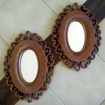 Vintage Pair of Ornate Oval Rattan Look Wall Decor Mirrors (Homco, Dart ... - $19.50