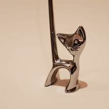 Cat Ring Holder, Silver tone, Rhinestone Eyes, Long Tail Kitten Figurine, Gift image 2