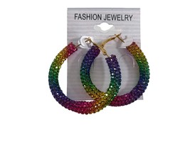 Fashion Jewelry Rainbow Hoops Earrings Sparkle Bling Rhinestones Gold Tone  - $14.85
