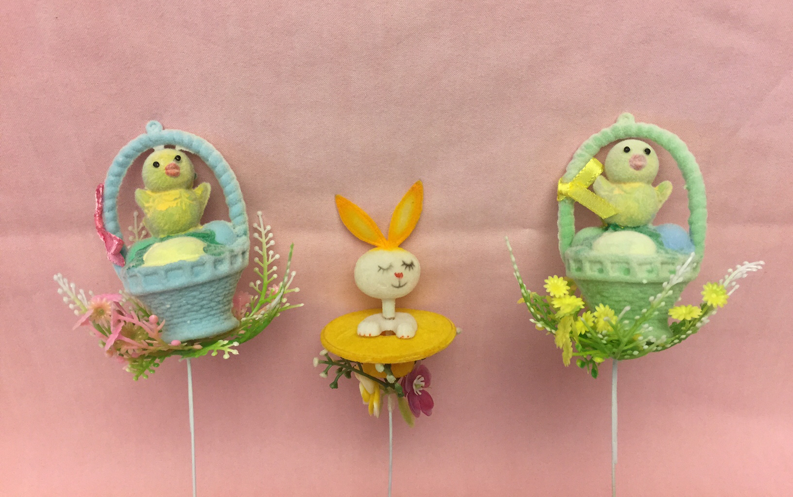 Lot of 3 vintage Easter floral picks flocked bunny rabbit birds in
