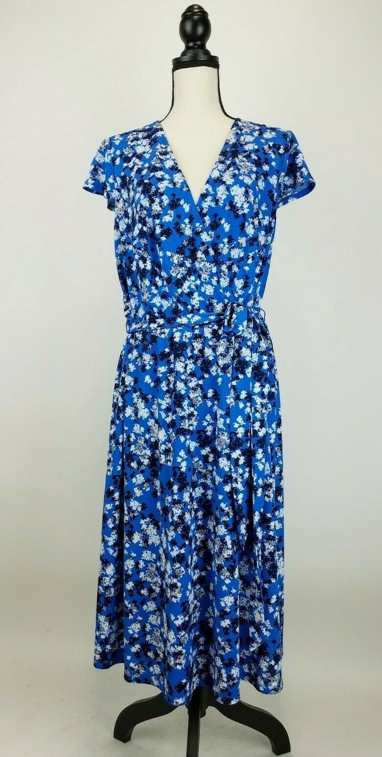 London Times Midi Dress Womens 14W Blue Floral Short Cap Sleeve V-Neck ...