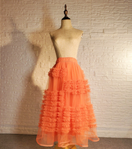 Women Orange Tulle Skirt Outfit Romantic Tiered Midi Tulle Skirt High Waisted