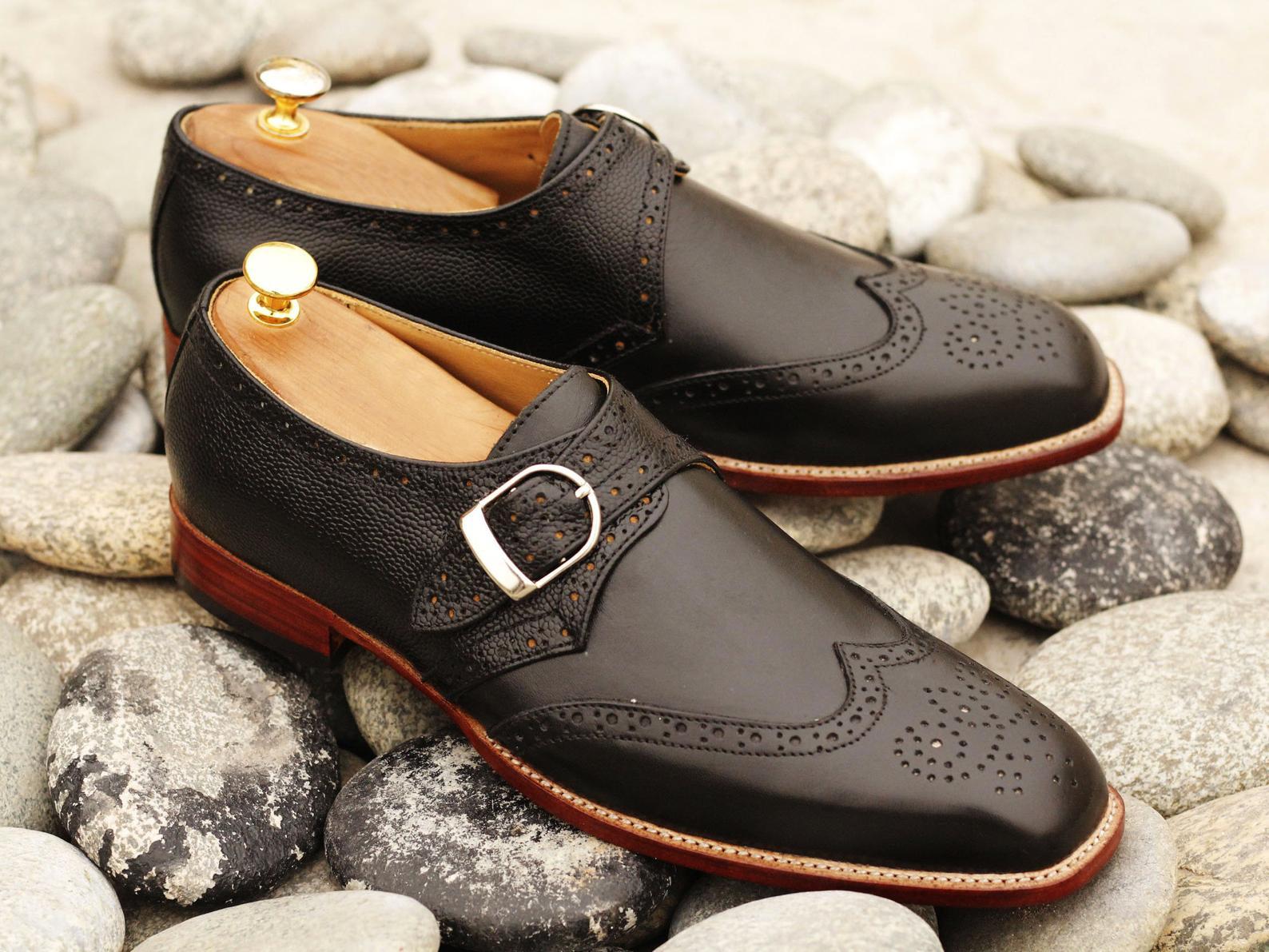 Handmade Men's Black Leather Wing Tip Brogue Monk Strap Shoes, Men Dress Shoes