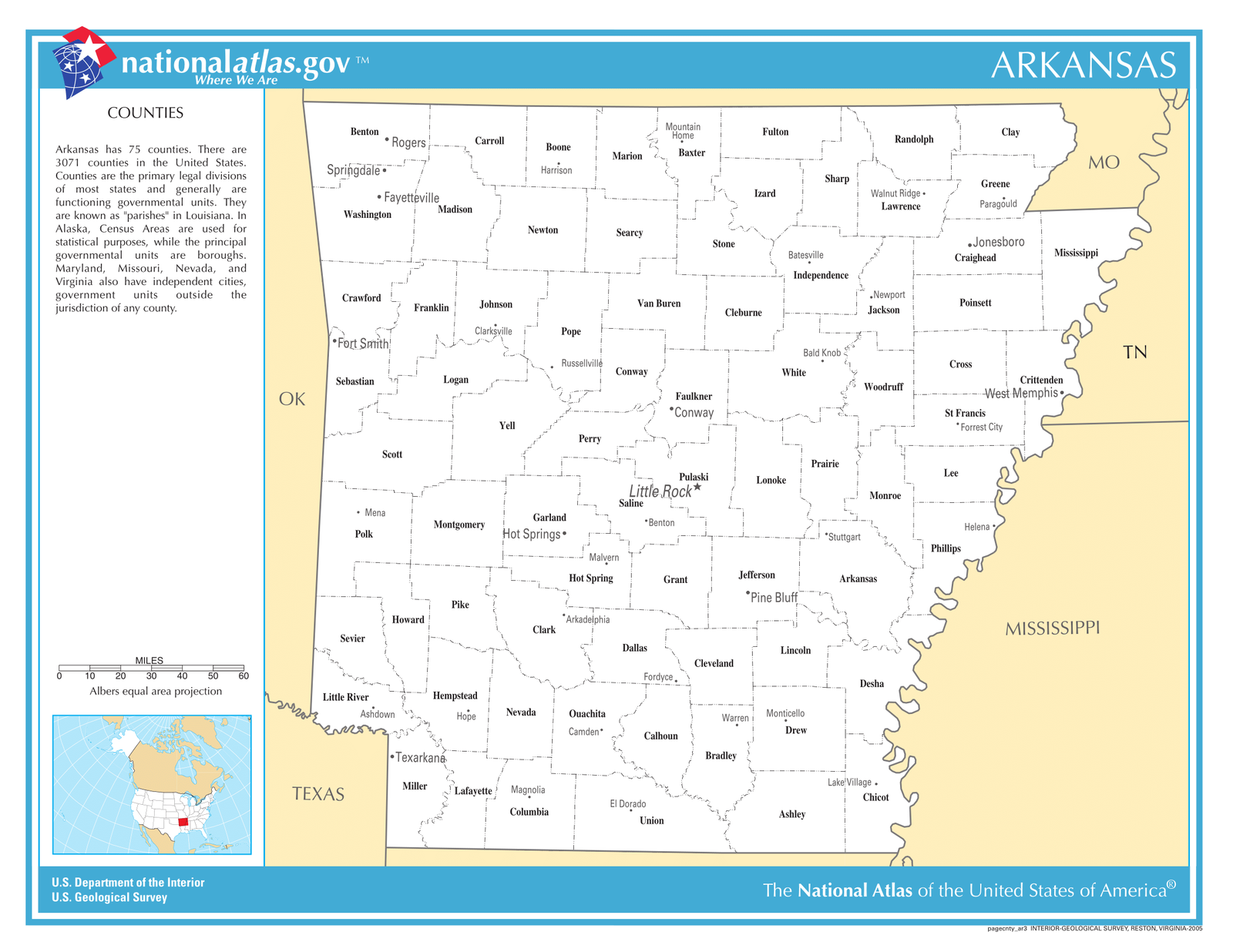 Arkansas State Counties w/Cities Laminated Wall Map - US