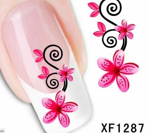 Nail Art Water Transfer Sticker Decal Stickers Pretty Flowers Pink Heart XF1287