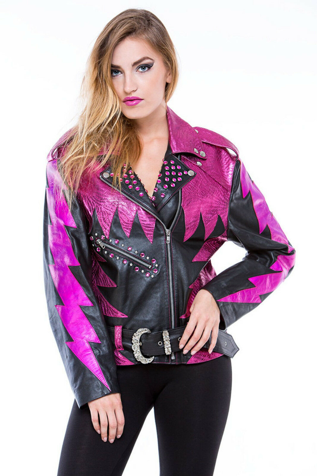 Women Two Tone Shocking Pink Black Cont Biker Leather Small Studs Belted Jacket