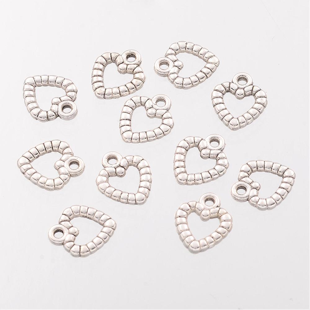 10 Textured Open Heart Charms Antique Silver Tone Love Pendants 11mm