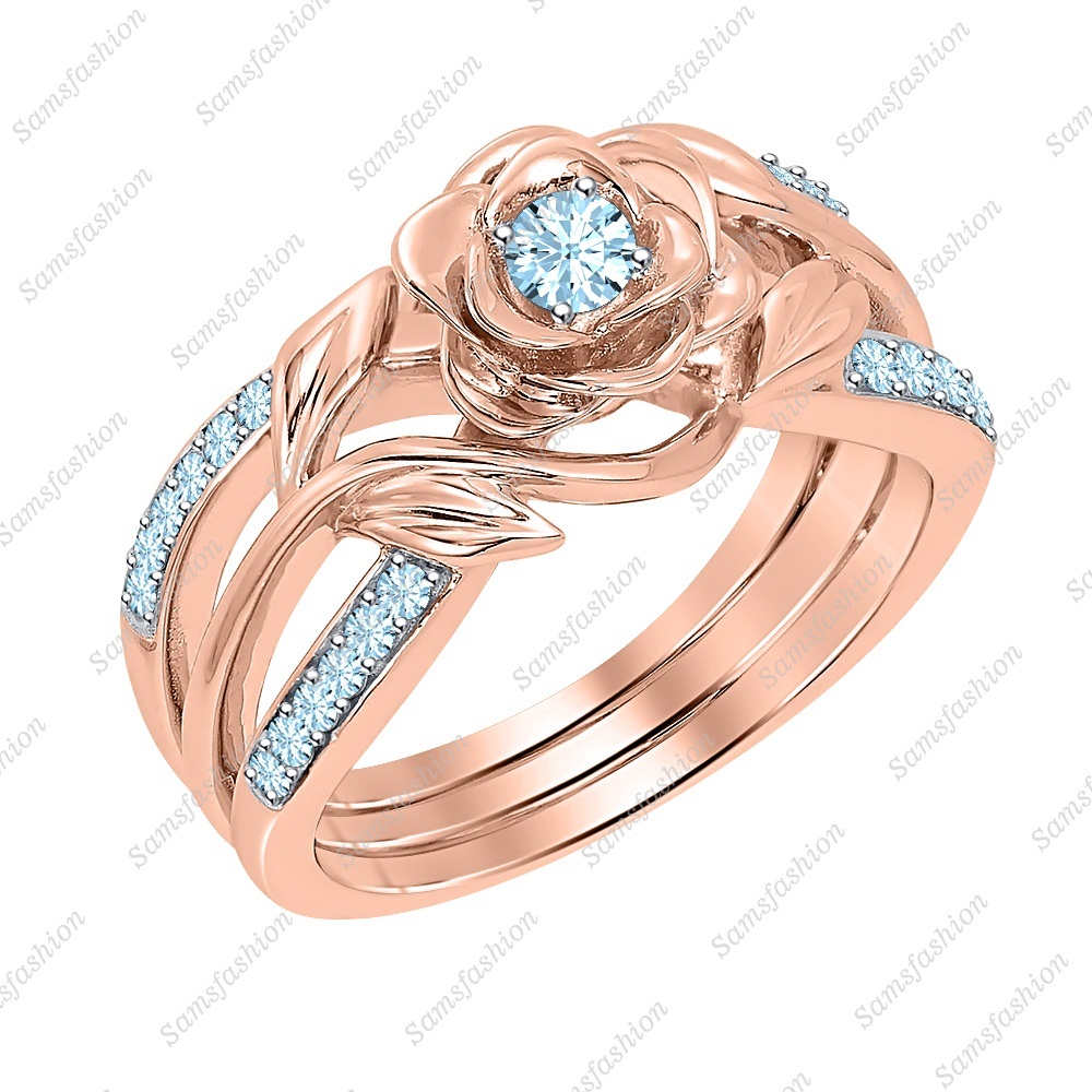 14K Rose Gold Over Silver Round Stone  Aquamarine Lotus Flower Engagement Ring