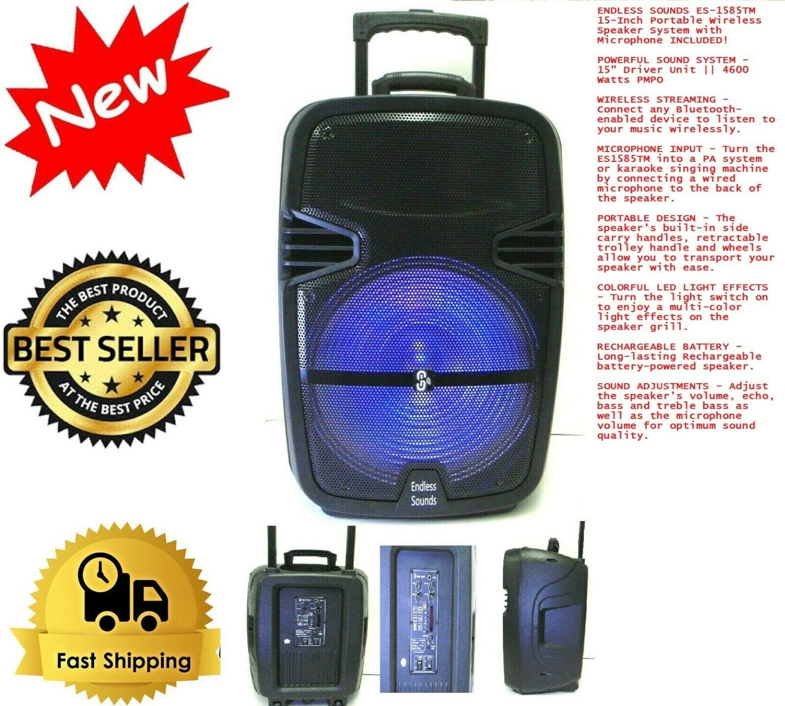 8" 1500W Portable FM Bluetooth Speaker Sub woofer Heavy Bass Sound System Party 