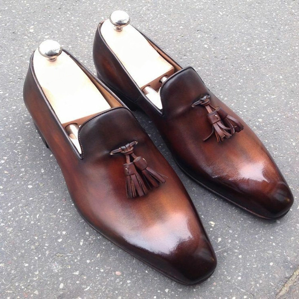 handmade cognac patina tassel loafers leather custom made shoes for men ...