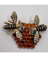 BEE Honeycomb BROOCH Pin Hive Rhinestone Enamel Gold Tone Costume Jewelry - $11.59