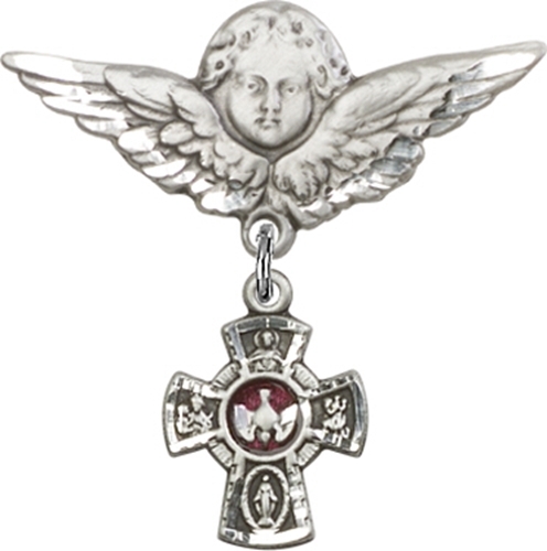 Primary image for 5-Way - Red - Baby Badge and Angel with Wings Badge - Sterling Silver Pin