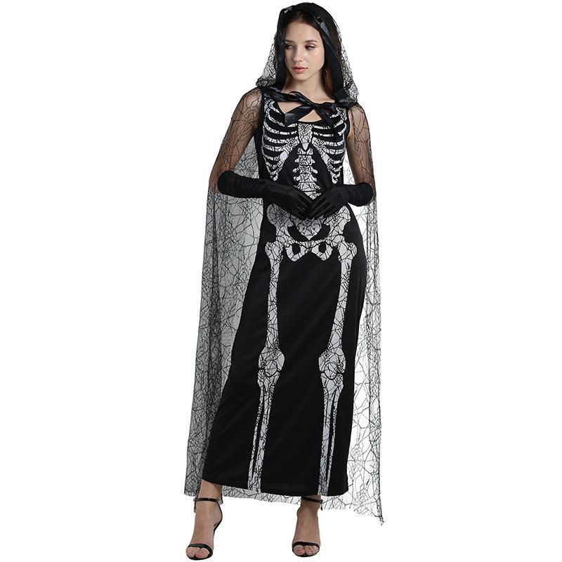 Adult Women Skeleton Costume Lady Bones Dress Hooded Cloak Halloween ...