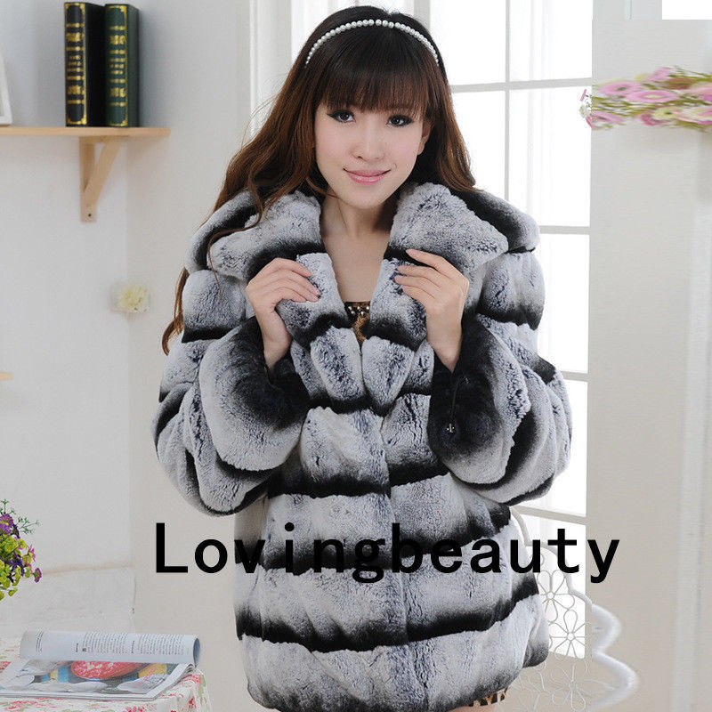 Image of Chinchilla Grey Hooded Jacket Striped Real Rex Rabbit Fur Coat Chinchilla Fur