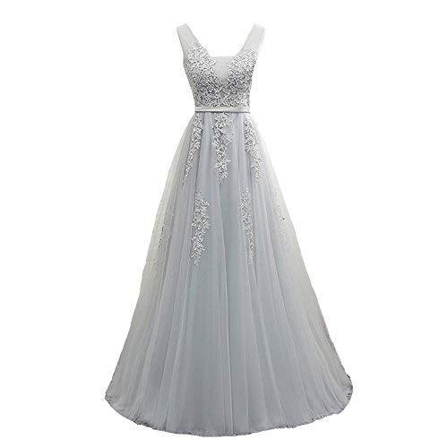 Kivary Plus Size V Neck Tulle Corset Formal Prom Evening Dress Bridesmaid Silver