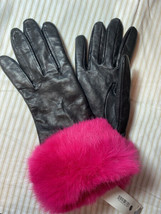 AQUA Women&#39;s Rabbit Fur-Cuff Genuine Leather Gloves, Black/Pink 18371, S... - $74.79