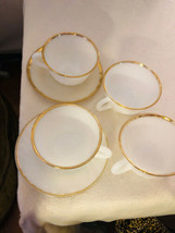 Fire King 4 Cups 2 Saucers White Milk Glass Gold Edging - $34.00