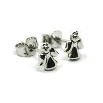 18K WHITE GOLD BUTTON EARRINGS, MINI 8mm GUARDIAN ANGELS, BUTTERFLY CLOSURE image 1