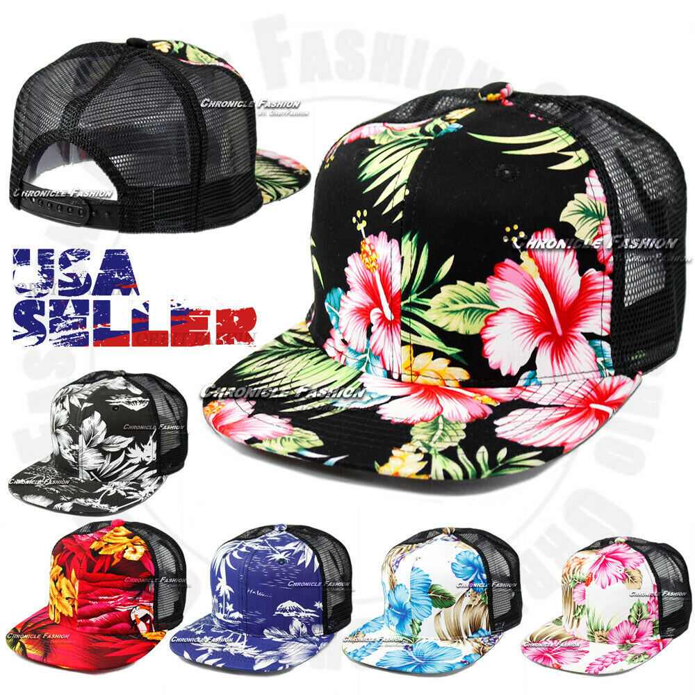 Hawaiian Trucker Hat Mesh Baseball Tropical Floral Cap Snapback Adjustable Men