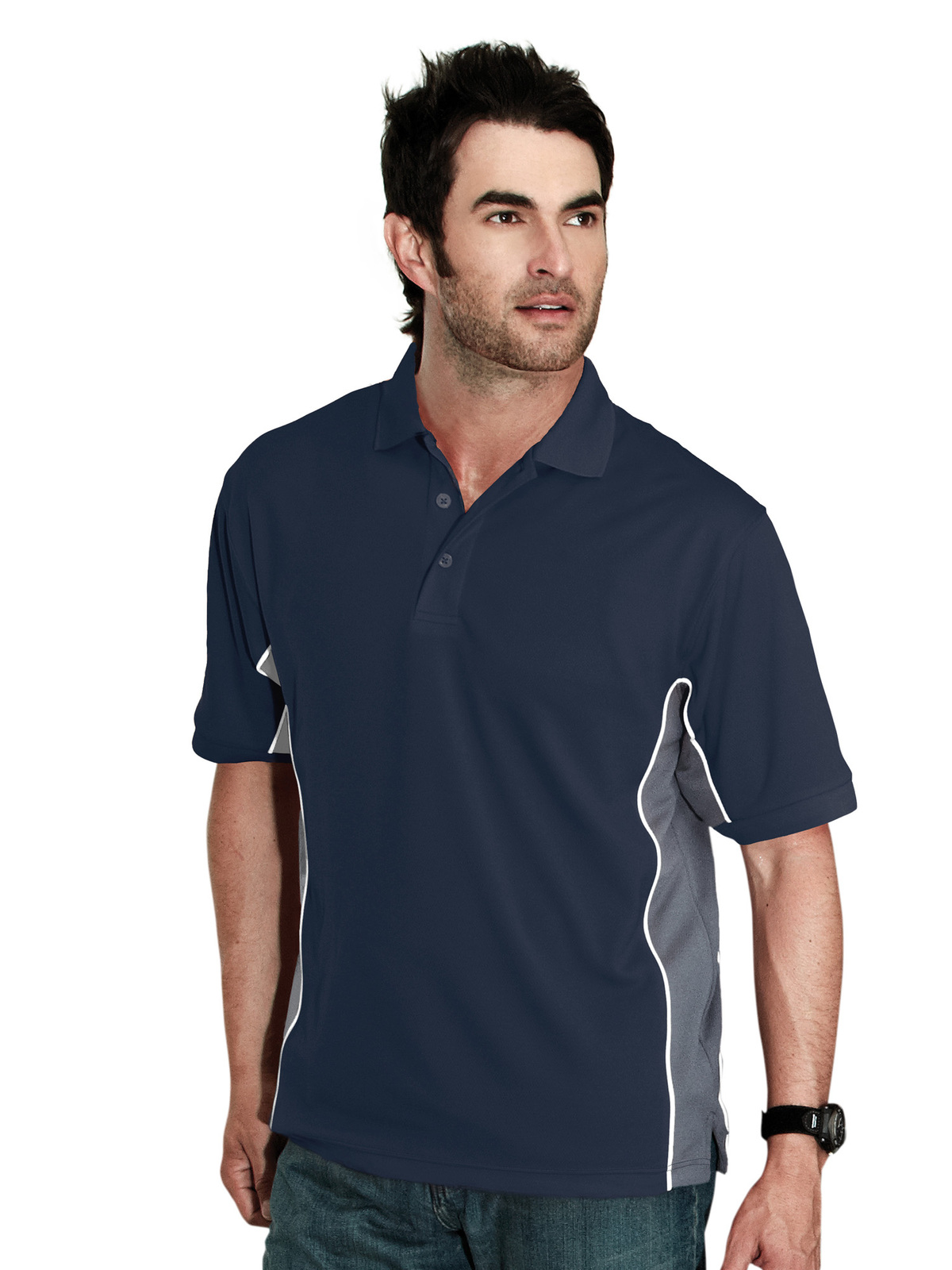 Image of Tri-Mountain GT-2 226 Rib Collar Knit Polo Shirt - Navy/ Charcoal/ White