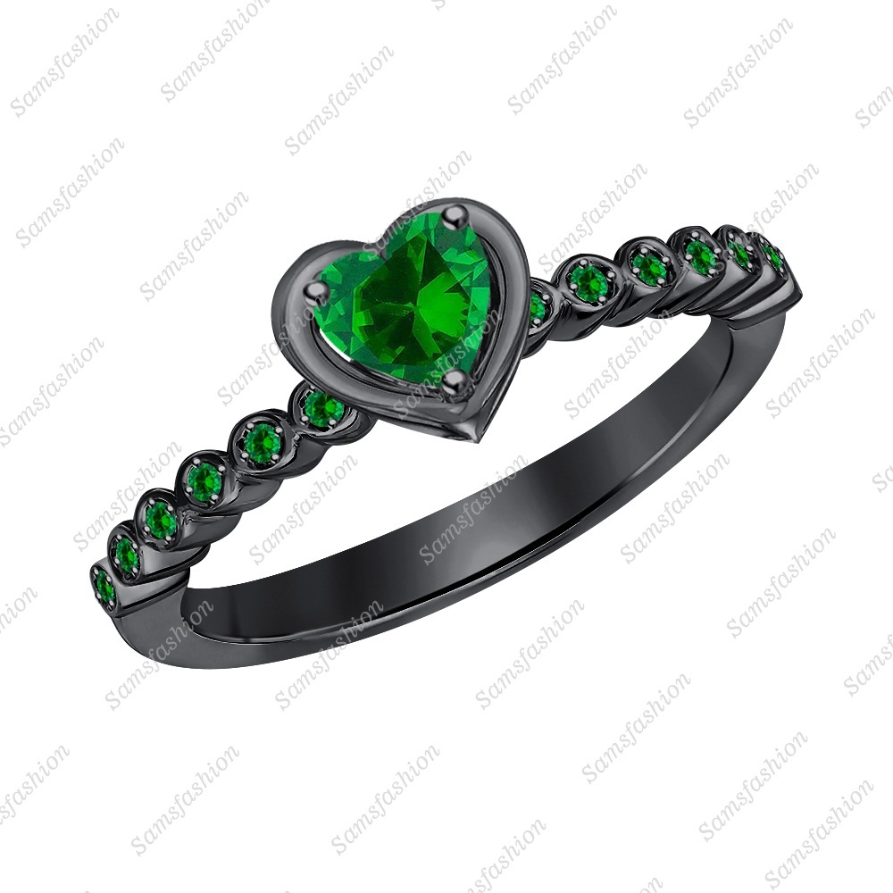Women's Heart Cut Green Emerald 14k Black Gold Over 925 Silver Promise Band Ring