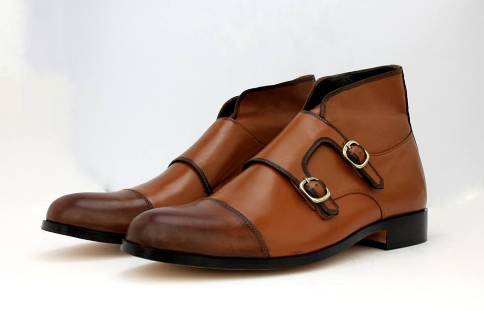 Men Tan Brown Cont Monk Double Buckle Strap Rounded Cap Toe Leather Boot US 7-16