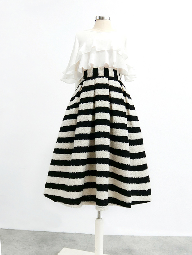 Women Black White Striped Pleated Midi Skirt Winter Wool Pleated Party Skirt